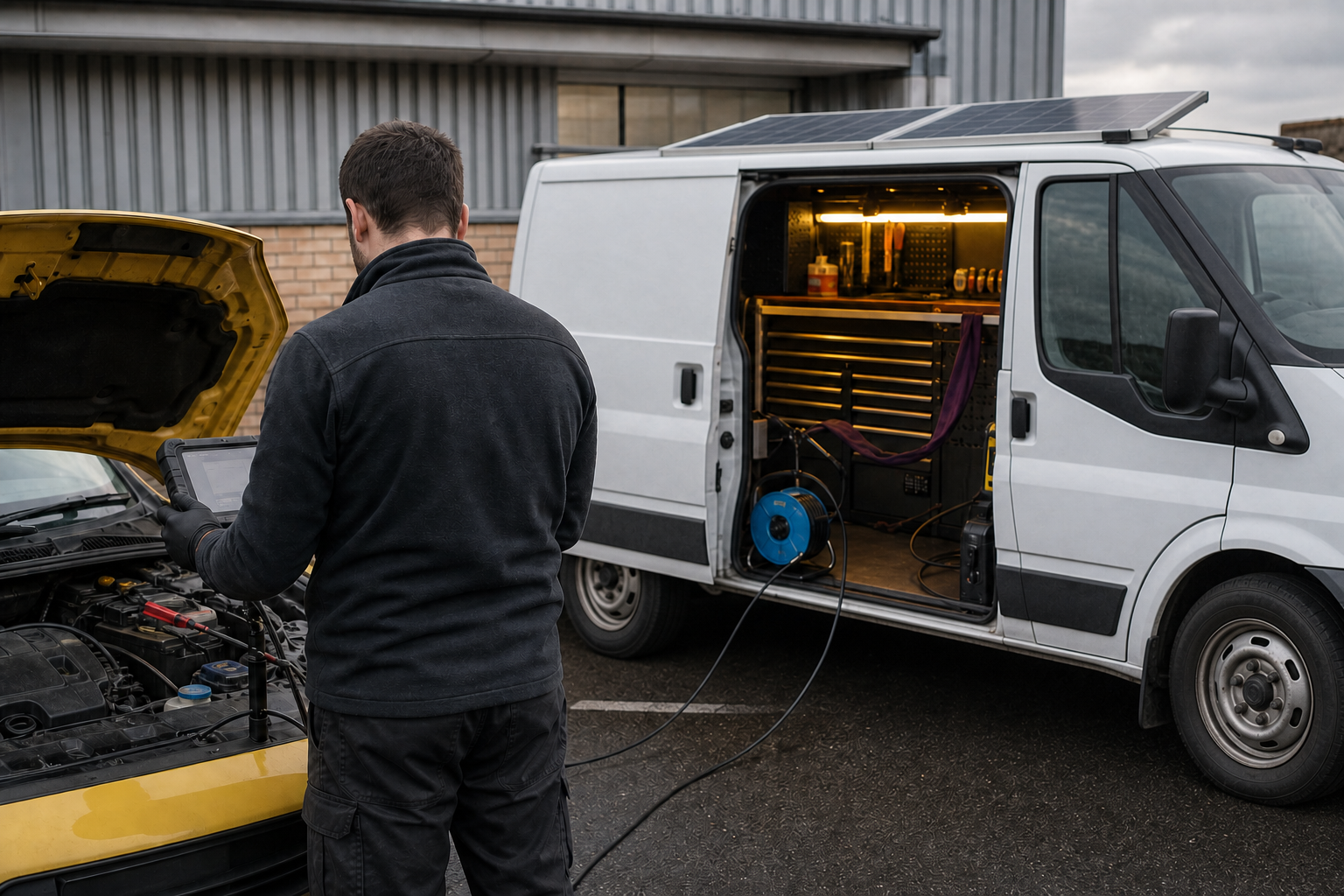 Mobile ECU technician working beside a customer vehicle and mobile laboratory