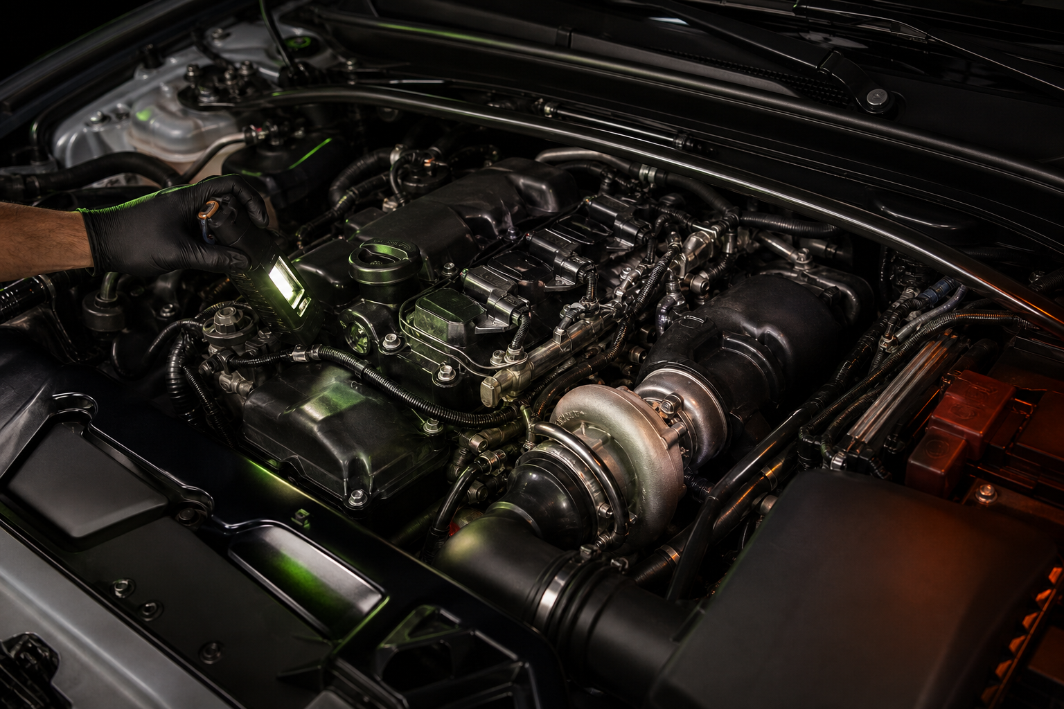 Performance turbocharged engine being inspected