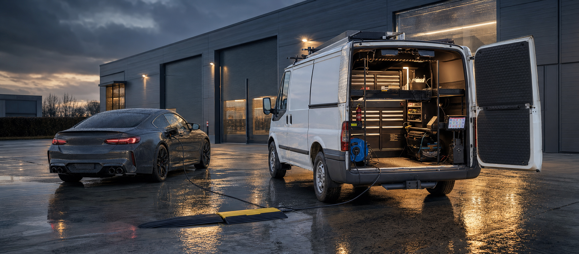 Mobile ECU laboratory set up beside a performance vehicle