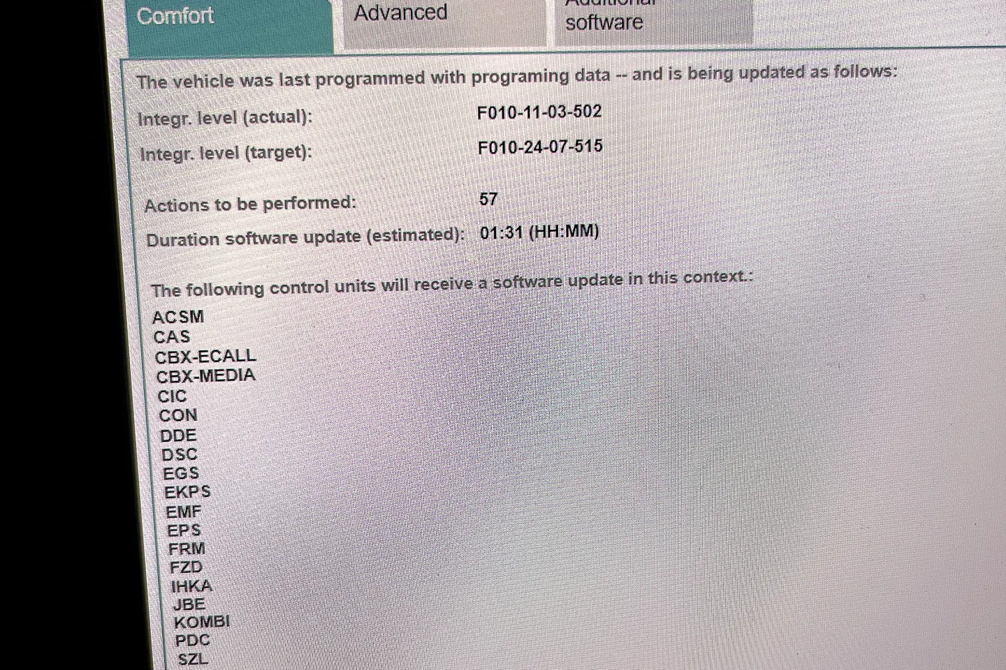 DPF live-data diagnostic screen