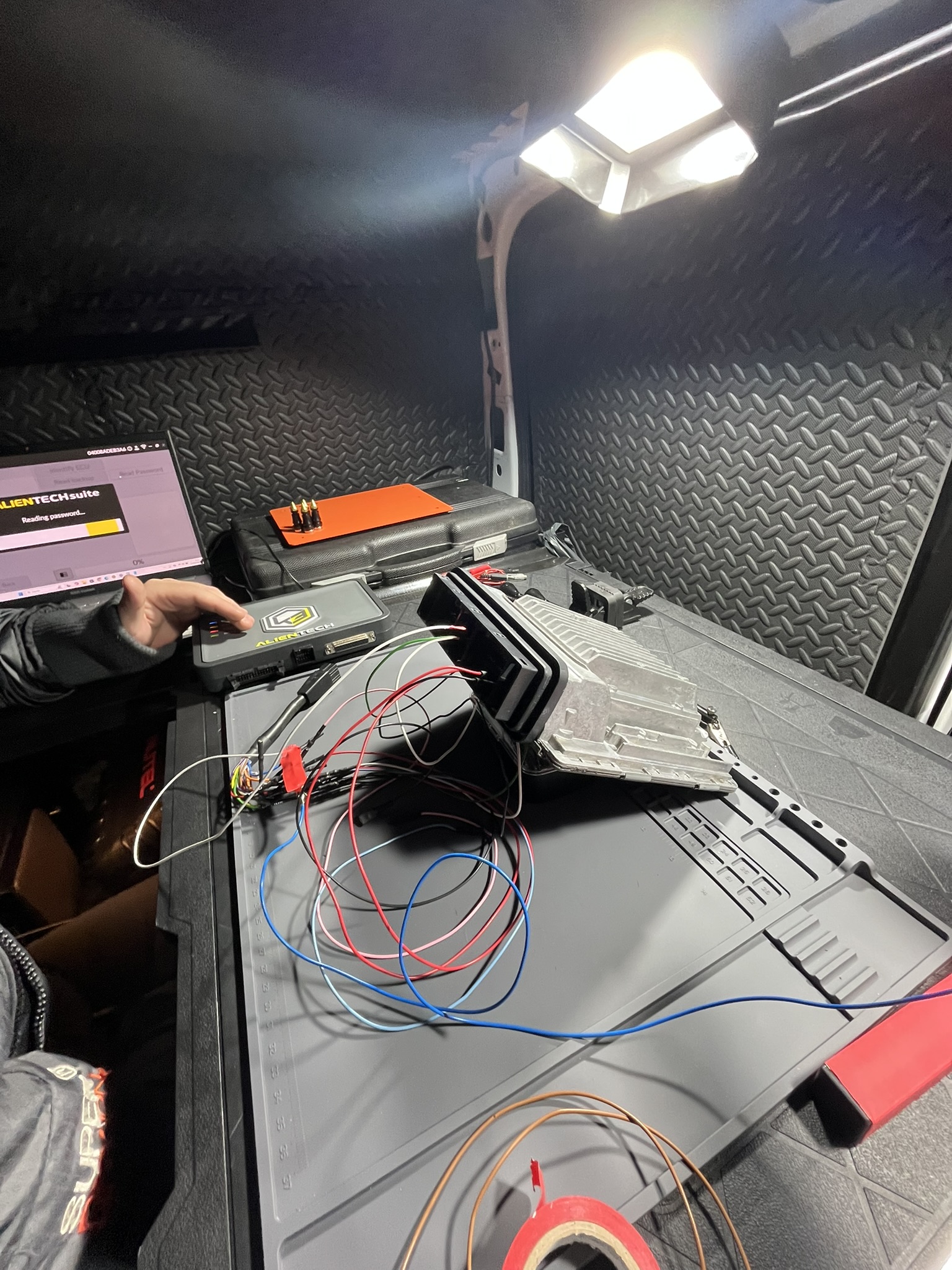 ECU software work on the mobile laboratory bench